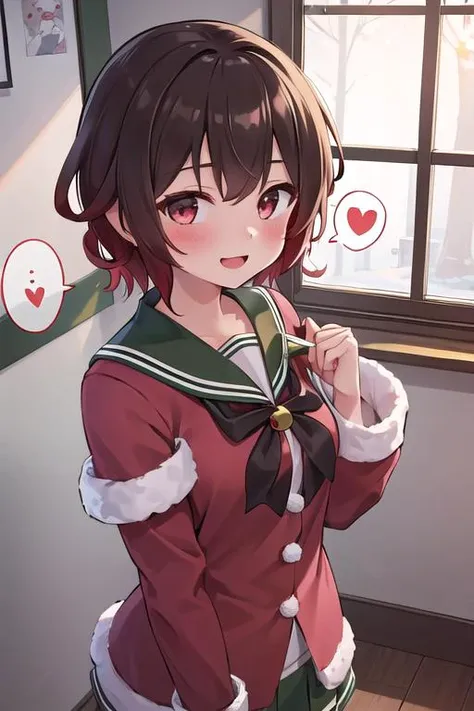 masterpiece,best qualitiy,high detail, mutsuki_kantaicollection <lora:mutsuki_kantaicollection:0.7>,upper body,smile,present box,santa costume,winter,indoor,window,snow,spoken heart,speech bubble,text,blush,
