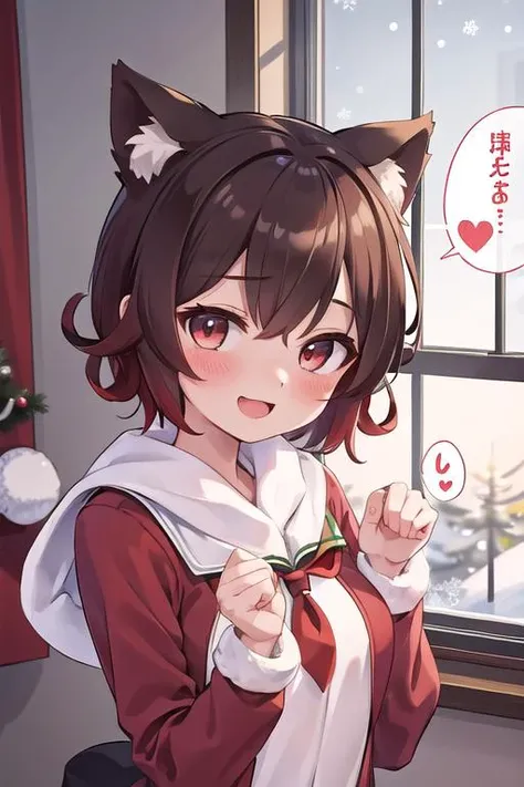 masterpiece,best qualitiy,high detail, mutsuki_kantaicollection <lora:mutsuki_kantaicollection:0.7>,upper body,smile,present box,santa costume,winter,indoor,window,snow,spoken heart,speech bubble,text,blush,paw pose
