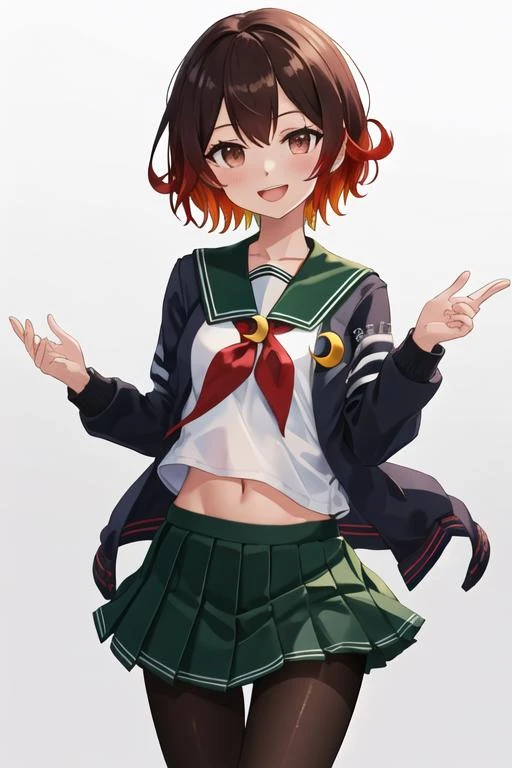 best quality, masterpiece, highres, solo, {mutsuki_kantaicollection:1.15}, short_hair, brown_hair, red_hair, serafuku, gradient_hair, multicolored_hair, open_mouth, smile, brown_eyes, crescent, crescent_pin, red_eyes, 1girl, black_pantyhose, blue_jacket, green_sailor_collar, green_skirt, jacket, looking_at_viewer, neckerchief, pantyhose, pleated_skirt, red_neckerchief, sailor_collar, school_uniform, skirt, simple_background, white_background, cowboy_shot