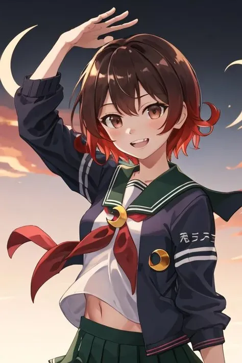 best quality, masterpiece, highres, solo, {mutsuki_kantaicollection:1.15}, short_hair, brown_hair, red_hair, serafuku, gradient_hair, multicolored_hair, open_mouth, smile, brown_eyes, crescent, crescent_pin, red_eyes, 1girl, jacket, looking_at_viewer, neckerchief, red_neckerchief, round_teeth, sailor_collar, school_uniform, teeth, upper_body, upper_teeth_only, green_sailor_collar, blue_jacket