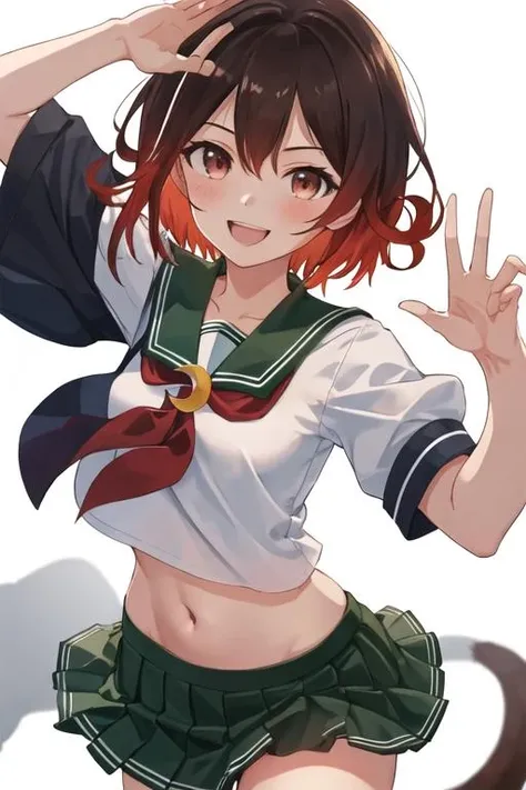 best quality, masterpiece, highres, solo, {mutsuki_kantaicollection:1.15}, short_hair, brown_hair, red_hair, serafuku, gradient_hair, multicolored_hair, open_mouth, smile, brown_eyes, crescent, crescent_pin, red_eyes, 1girl, green_skirt, looking_at_viewer, navel, pleated_skirt, sailor_collar, school_uniform, skirt, white_background, green_sailor_collar, short_sleeves, simple_background, cowboy_shot