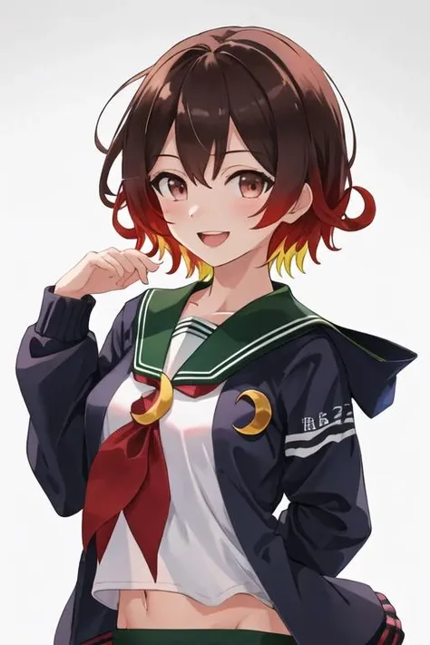 best quality, masterpiece, highres, solo, {mutsuki_kantaicollection:1.15}, short_hair, brown_hair, red_hair, serafuku, gradient_hair, multicolored_hair, open_mouth, smile, brown_eyes, crescent, crescent_pin, red_eyes, 1girl, green_sailor_collar, looking_at_viewer, sailor_collar, school_uniform, upper_body, white_background, jacket, simple_background, blue_jacket