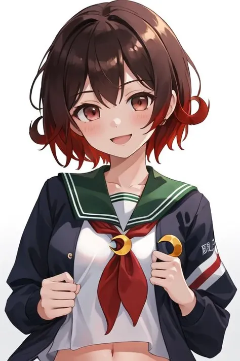 best quality, masterpiece, highres, solo, {mutsuki_kantaicollection:1.15}, short_hair, brown_hair, red_hair, serafuku, gradient_hair, multicolored_hair, open_mouth, smile, brown_eyes, crescent, crescent_pin, red_eyes, 1girl, jacket, looking_at_viewer, neckerchief, sailor_collar, school_uniform, upper_body, green_sailor_collar, red_neckerchief, white_background, blue_jacket, simple_background, black_jacket