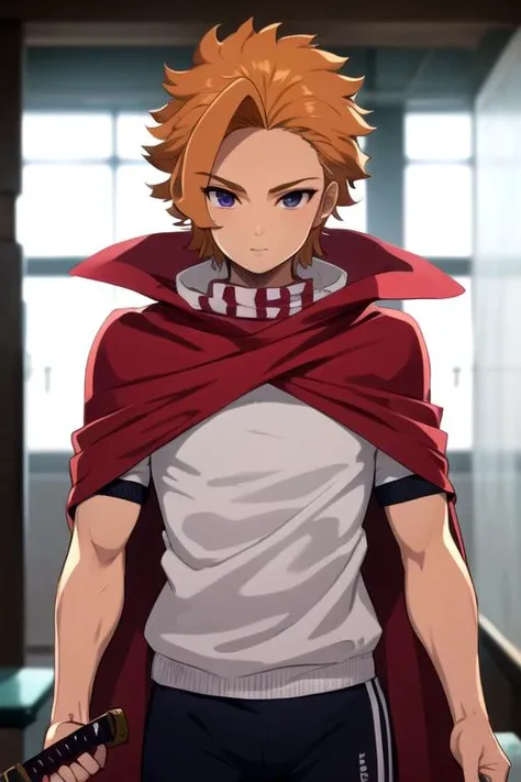 masterpiece, best quality, high quality, 1boy, solo, male focus, looking at viewer, upper body, depth of field, <lora:arthur_pendragon:0.78>, arthur_pendragon, , cape, sword, gym uniform