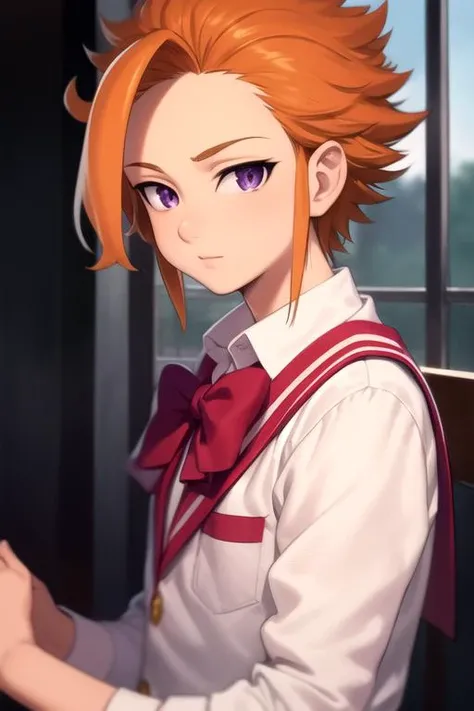masterpiece, best quality, ultra-detailed, illustration, 1boy, solo, male focus, looking at viewer, upper body, depth of field, <lora:arthur_pendragon:0.74>, arthur_pendragon, orange hair, purple eyes, , , school uniform