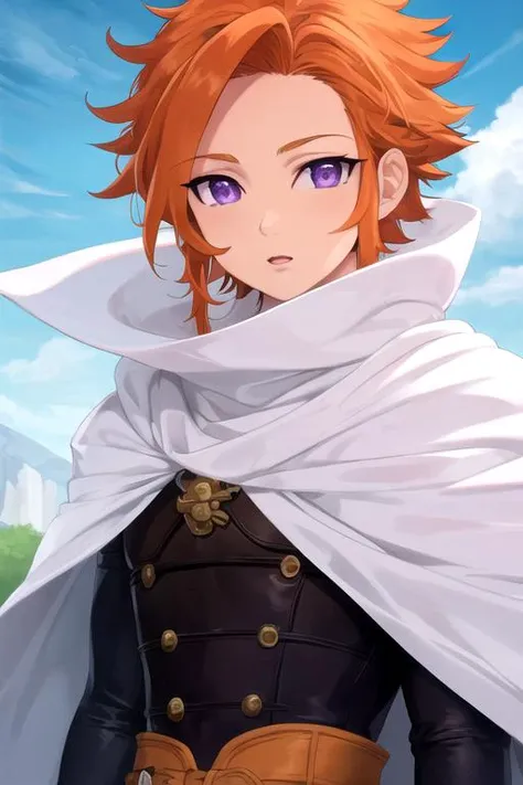 masterpiece, best quality, ultra-detailed, illustration, 1boy, solo, male focus, looking at viewer, upper body, , <lora:arthur_pendragon:0.72>, arthur_pendragon, orange hair, purple eyes, cape, , shirt