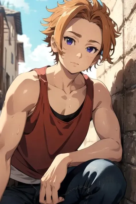 masterpiece, best quality, high quality, 1boy, solo, male focus, looking at viewer, , depth of field, <lora:arthur_pendragon:0.70>, arthur_pendragon, , , , tank top