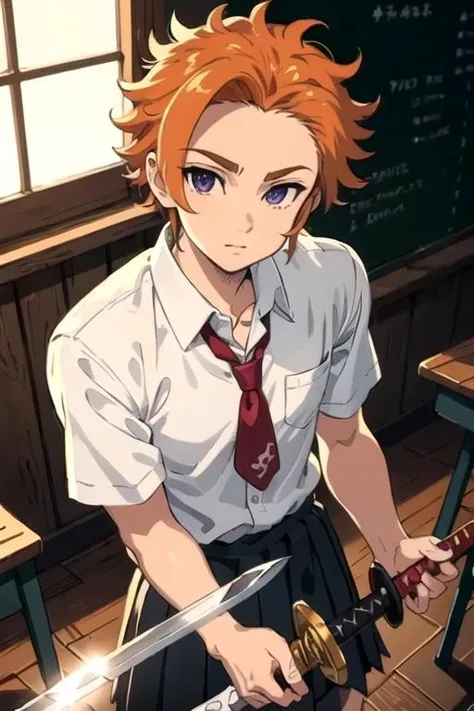 masterpiece, best quality, ultra-detailed, illustration, 1boy, solo, male focus, looking at viewer, , depth of field, <lora:arthur_pendragon:0.74>, arthur_pendragon, , , sword, school uniform