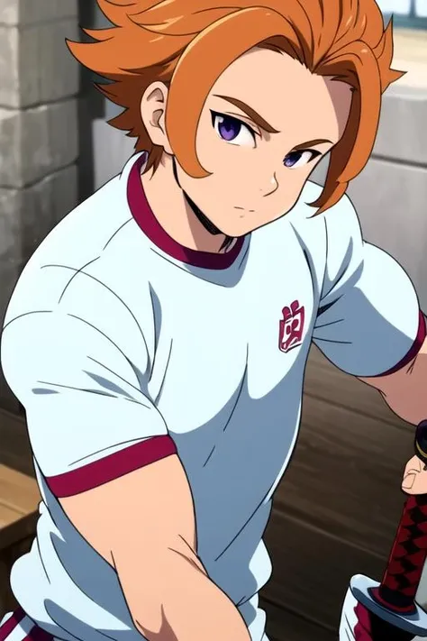 masterpiece, best quality, ultra-detailed, illustration, 1boy, solo, male focus, looking at viewer, upper body, , <lora:arthur_pendragon:0.76>, arthur_pendragon, , , sword, gym uniform