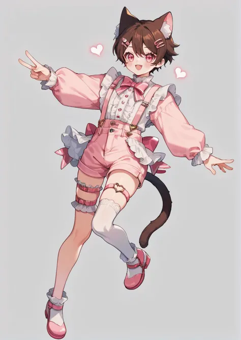 score_9, score_8_up, score_7_up, 1boy, otoko no ko, femboy, cute, short hair, fluffy hair, cat ears, v, cat tail, simple background, pink eyes, frilly clothes, elegant clothes, pink hairclip, hair accessory, brown hair, thigh strap, shorts, dynamic pose, blush, lace, pink clothes, long sleeves, happy, hearts, full body, dutch angle, thighhighs, suspenders, ouji clothes, <lora:cute_style_pony_v2:0.65>, CuteStyle, chibike,
