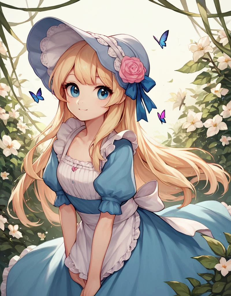 score_9, score_8_up, score_7_up, score_6_up, score_5_up, score_4_up,
CuteStyle, 1girl, butterfly, bug, solo, long hair, bonnet, flower, dress, looking at viewer, bangs, apron,
,<lora:Cute_Style_pony:0.8