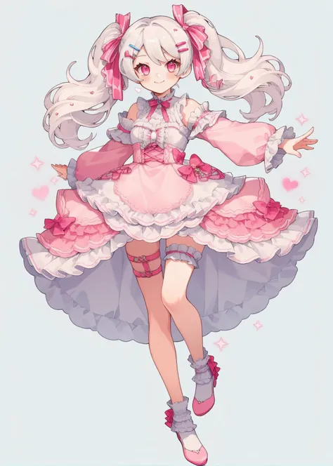 score_9, score_8_up, score_7_up, 1girl, twintails, simple background, pink eyes, frilly clothes, elegant clothes, pink hairclip, hair accessory, white hair, thigh strap, shorts, dynamic pose, blush, lace, pink clothes, frilled sleeves, smile, hearts, full body, dutch angle, hair ribbon, lace thighhighs, <lora:cute_style_pony_v2:0.65>, CuteStyle, chibike,