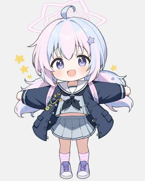 reisa \(blue archive\),1girl, solo, grey_shirt, grey_skirt, pleated_skirt, white_sailor_collar, halo, shoes, chibi, full_body, black_neckerchief, :d, low_twintails, backpack, ahoge, white_background, black_jacket, star_\(symbol\), long_sleeves, standing, hair_ornament, pink_socks, open_jacket, looking_at_viewer, stuffed_animal, serafuku, striped_socks, open_mouth, puffy_sleeves, arm_behind_head, blush, purple_footwear
<lora:reisa_(blue_archive)_image894_2023-11-28:1>halo. gorgeous,key visual, vibrant, studio anime,award-winning, professional, highly detailed,high budget, cinemascope