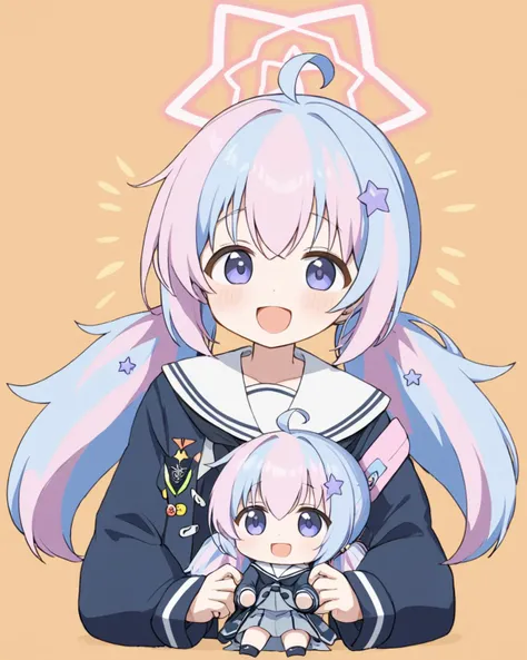 reisa \(blue archive\), >_<, star_hair_ornament, open_mouth, 3girls, halo, star_\(symbol\), chibi, ahoge, twintails, hug, >o<, sailor_collar, long_sleeves, virtual_youtuber
<lora:reisa_(blue_archive)_image894_2023-11-28:1>halo. gorgeous,key visual, vibrant, studio anime,award-winning, professional, highly detailed,high budget, cinemascope