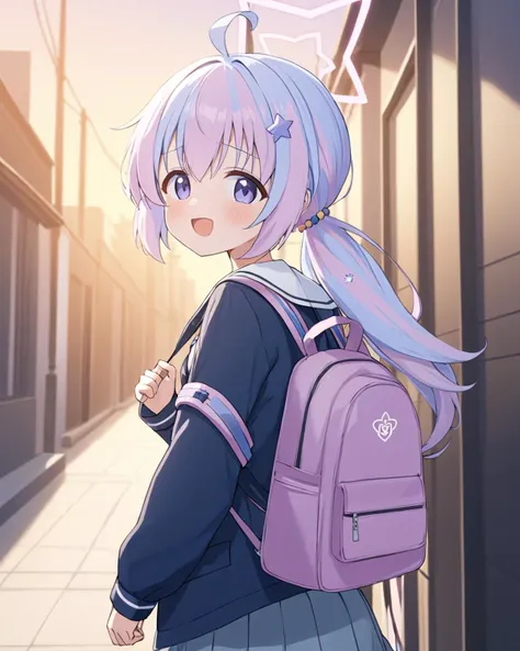 reisa \(blue archive\),1girl, star_hair_ornament, solo, halo, backpack, star_\(symbol\), low_twintails, ahoge, blush, looking_at_viewer, looking_back, outdoors, pleated_skirt, long_sleeves, open_mouth, serafuku, sailor_collar, :d
<lora:reisa_(blue_archive)_image894_2023-11-28:1>halo. gorgeous,key visual, vibrant, studio anime,award-winning, professional, highly detailed,high budget, cinemascope