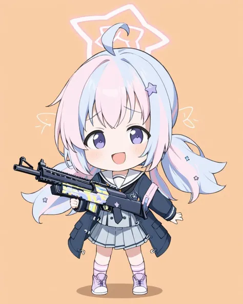 reisa \(blue archive\),1girl, halo, solo, holding_gun, ahoge, chibi, jacket, skirt, open_mouth, school_uniform, long_sleeves, striped_socks, full_body, low_twintails, star_\(symbol\), simple_background, smile, shotgun, star_hair_ornament, v-shaped_eyebrows, stuffed_animal, shoes, looking_at_viewer
<lora:reisa_(blue_archive)_image894_2023-11-28:1>halo. gorgeous,key visual, vibrant, studio anime,award-winning, professional, highly detailed,high budget, cinemascope
