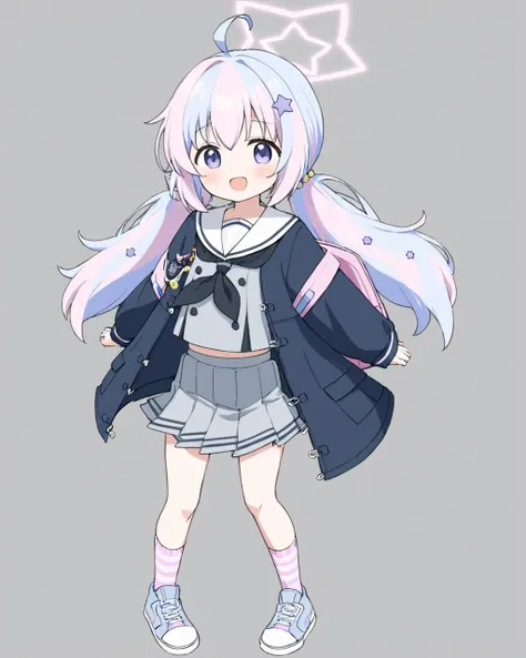reisa \(blue archive\),1girl, solo, star_\(symbol\), star_hair_ornament, backpack, full_body, striped_socks, pleated_skirt, simple_background, grey_skirt, pink_socks, ahoge, white_sailor_collar, long_sleeves, holding, looking_at_viewer, grey_background, low_twintails, :d, open_mouth, sneakers, black_neckerchief, necktie, gun, blush, black_jacket, serafuku, open_jacket, star_halo, white_footwear, light_blush, grey_shirt
<lora:reisa_(blue_archive)_image894_2023-11-28:1>halo. gorgeous,key visual, vibrant, studio anime,award-winning, professional, highly detailed,high budget, cinemascope