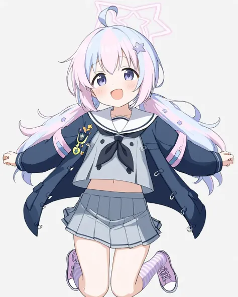 reisa \(blue archive\), 2girls, star_hair_ornament, black_neckerchief, white_background, white_sailor_collar, pleated_skirt, simple_background, star_\(symbol\), ahoge, serafuku, grey_skirt, open_mouth, jacket, blush, solo_focus, long_sleeves, shoes, navel, midriff, star_halo, black_coat, striped_socks
<lora:reisa_(blue_archive)_image894_2023-11-28:1>halo. gorgeous,key visual, vibrant, studio anime,award-winning, professional, highly detailed,high budget, cinemascope