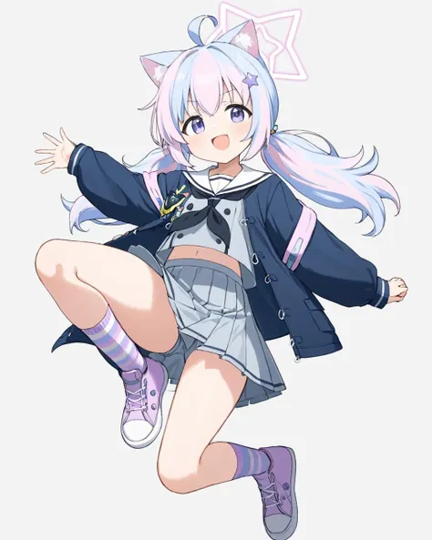 reisa \(blue archive\),1girl, solo, star_\(symbol\), star_hair_ornament, white_background, striped_socks, grey_skirt, simple_background, ahoge, sneakers, bandaid_on_knee, virtual_youtuber, open_mouth, pleated_skirt, low_twintails, jacket, star_halo, :d, looking_at_viewer, animal_ear_fluff, serafuku, shirt, long_sleeves, white_sailor_collar, black_neckerchief, midriff, open_clothes
<lora:reisa_(blue_archive)_image894_2023-11-28:1>halo. gorgeous,key visual, vibrant, studio anime,award-winning, professional, highly detailed,high budget, cinemascope