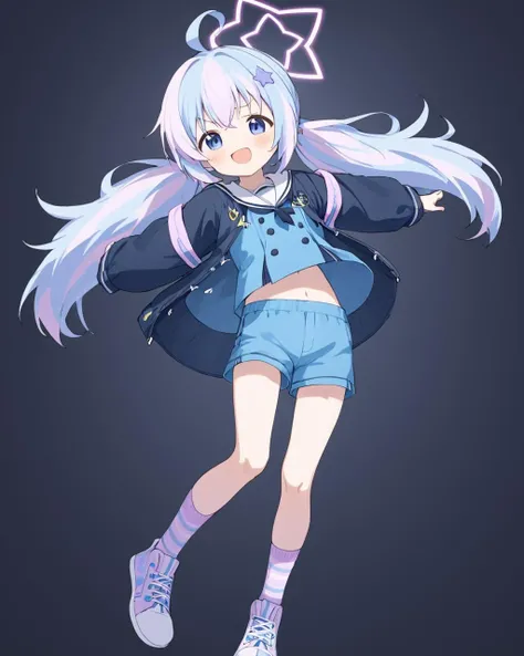 breathtaking,reisa \(blue archive\),1girl, solo, looking at viewer, blush, open mouth, hair ornament, long sleeves, twintails, jacket, ahoge, :d, shorts, socks, striped, star (symbol), v, low twintails, halo, standing on one leg, sneakers, blue shorts, star hair ornament, striped socks
<lora:Reisa_image220_v1:1>. . gorgeous,key visual, vibrant, studio anime,award-winning, professional, highly detailed,high budget, cinemascope