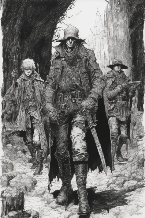 John Blanche Style - messy pen and ink of one child warlock leading their adult soldier thugs in a Grimdark fantasy setting inq28 in the style of John Blanche