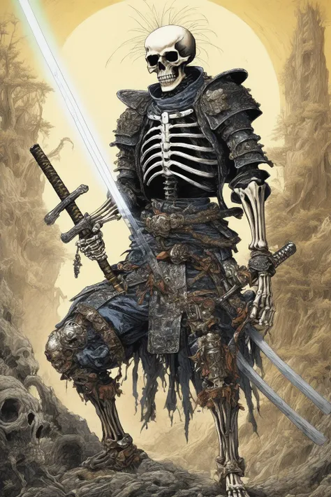 John Blanche Style - skeleton punk samurai holding a laser katana wearing heavy metal armor and casting a spell. Ghibli movie style mixed with yoshitaka amano style