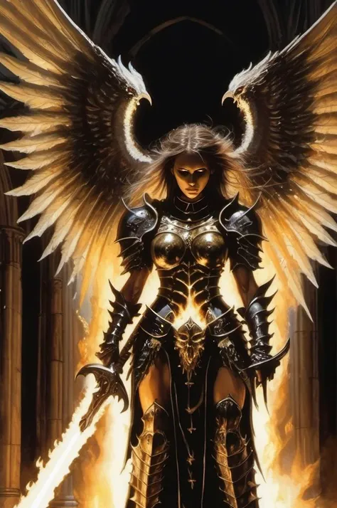 <lora:John Blanche Style:1> John Blanche Style, epic female warrior on fire ablaze in black and gold armor with angel wings, horror christian cathedral, nighttime,
dungeons and dragons,
dungeons and dragons,