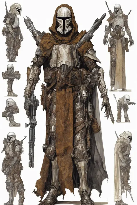 John Blanche Style - Character design with 4 arms, character boards, white background, medevial Sith Bounty Hunter, armored, hyperdetailed,