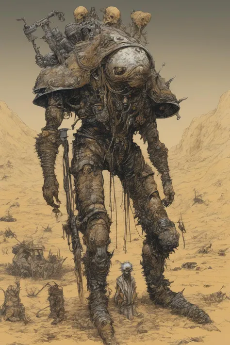 John Blanche Style - a creature from Dune, post apocalyptic, punk, in a wasteland, in the style of Katsuya Terada
