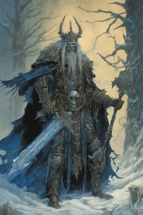 John Blanche Style - Encounter with the lich king, ominous, foreboding, and dangerous encounter, ancient and powerful undead sorcerer, brave and determined heroes, medieval fantasy whimsical highly detailed style of josh kir