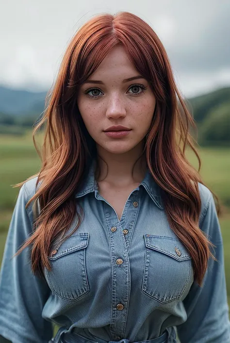 1girl, (8k, full frame, photorealistic, realistic), (hyper-realistic, depth of field, full of color, cinematic), photo of a caucasian woman with (blue eyes:1.2), (masterpiece, best quality), RAW, (open shirt:1.2), (flannel:1.3), tight (long hair:1.4), cleavage, (no bra:1.4), sexy body, toned, erotic, slim waist, wide hips, (redhead:1.4), bright hair, (detailed eyes:1.3), (clear eyes:1.2), irish, pixie cut, bangs, freckles, skin tight, highly detailed, smirk, (detailed face:1.2), golf,