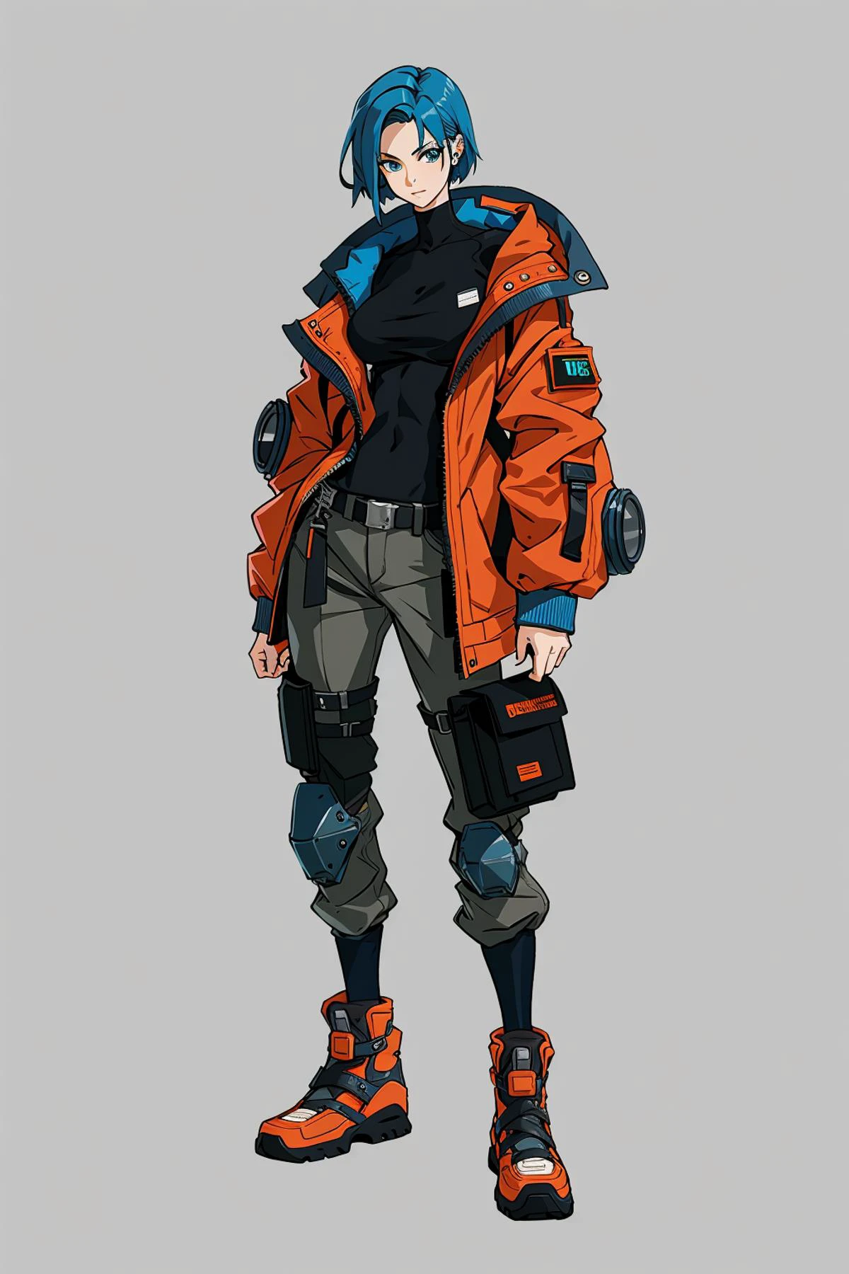 cyberpunk,Concept art,standing figure painting,science fiction characters,1girl,solo,blue hair,blue eyes,grey background,simple background,orange jacket,orange footwear,jacket,belt,full body,short hair,pants,shoes,standing,turtleneck,closed mouth,breasts,long sleeves,grey pants,knee pads,looking at viewer,black shirt,<lora:kehuanrenwu:0.8>,