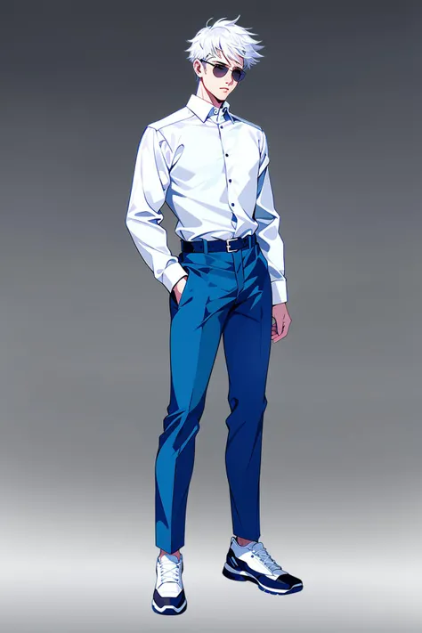 Concept art, standing figure painting, 1boy, solo, male focus, full body, white hair, pants, shirt, hand in pocket, standing, white shirt, belt, sunglasses, short hair, grey background, gradient, gradient background, long sleeves, white footwear, looking at viewer, shoes, jewelry, collared shirt, closed mouth, simple background, blue pants, hand up<lora:erciyuan:0.8>,