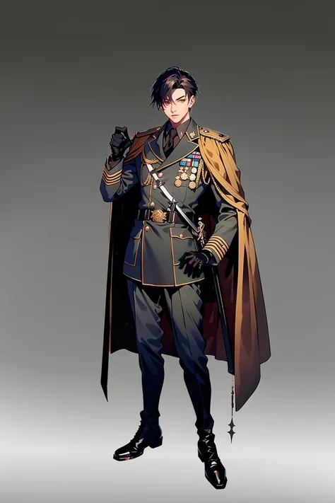 Concept art, standing figure painting, 1boy, solo, gloves, male focus, black gloves, cape, uniform, weapon, military, full body, military uniform, boots, sword, sheath, gradient background, gradient, standing, sheathed, black footwear, belt, black hair, looking at viewer, necktie, pants, grey background, black necktie, short hair, long sleeves, simple background, hand on hip<lora:erciyuan:0.8>,