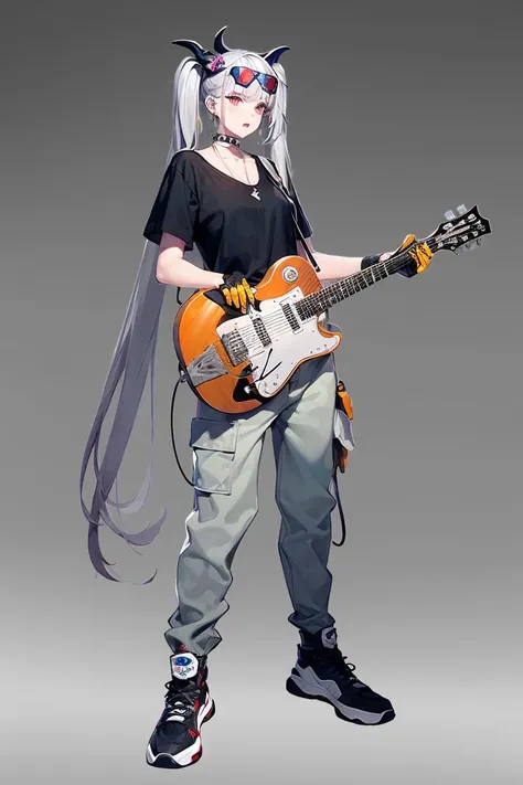 (cyberpunk vocal concert  background:1.2),Concept art,standing figure painting,1girl,solo,guitar,instrument,twintails,long hair,gloves,fingerless gloves,grey background,pants,belt,holding,eyewear on head,sunglasses,shoes,holding instrument,electric guitar,shirt,spikes,tinted eyewear,full body,choker,black gloves,looking at viewer,collar,sneakers,very long hair,white hair,black shirt,white footwear,jewelry,grey hair,standing,black choker,closed mouth,horns,<lora:erciyuan:0.7>,