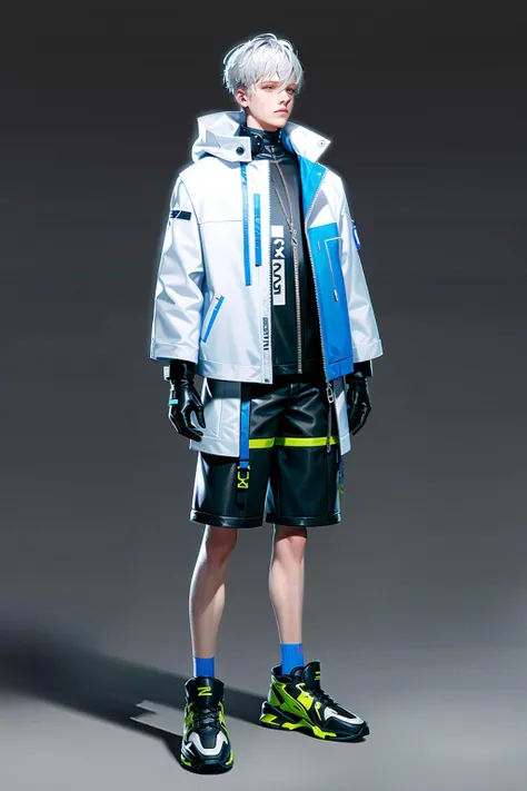 cyberpunk, Concept art, standing figure painting, science fiction characters, 1boy, solo, male focus, gloves, grey background, black gloves, simple background, jacket, standing, full body, shoes, white jacket, sneakers, grey hair, necklace, jewelry, goggles, facial hair, shorts<lora:kehuanrenwu:0.8>,