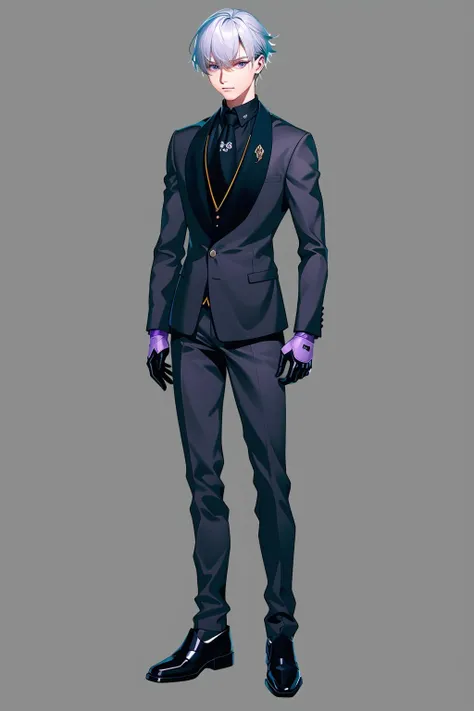 cyberpunk,Concept art,standing figure painting,science fiction characters,solo,gloves,grey background,1boy,male focus,black footwear,black gloves,full body,formal,standing,simple background,pants,necktie,suit,jacket,turtleneck,shoes,black shirt,closed mouth,shirt,purple eyes,long sleeves,short hair,jewelry,grey hair,own hands together,looking at viewer,white hair,grey pants,<lora:kehuanrenwu:0.8>,