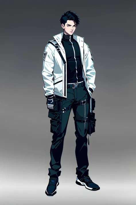 Concept art, standing figure painting, 1boy, solo, male focus, black hair, black footwear, standing, full body, gradient, gradient background, gloves, pants, pouch, short hair, looking at viewer, grey background, white jacket, jacket, belt, black pants, belt pouch, long sleeves, hands in pockets<lora:erciyuan:0.8>,