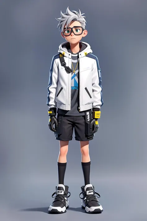 cyberpunk, Concept art, standing figure painting, science fiction characters, 1boy, solo, male focus, gloves, grey background, black gloves, simple background, jacket, standing, full body, shoes, white jacket, sneakers, grey hair, necklace, jewelry, goggles, facial hair, shorts<lora:kehuanrenwu:0.8>,