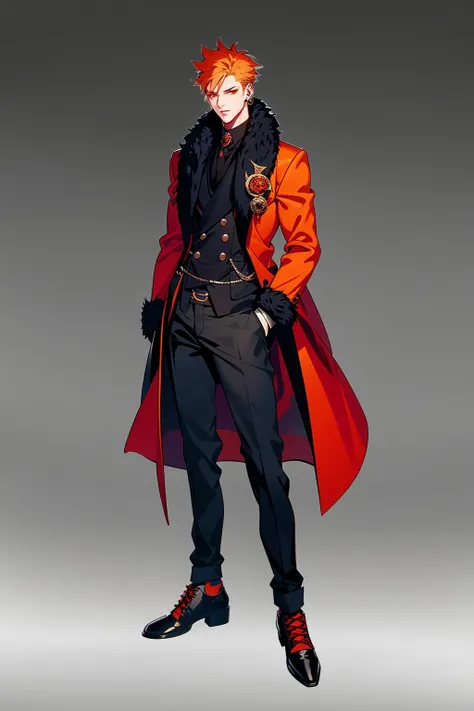 Concept art, standing figure painting, 1boy, male focus, solo, gradient, gradient background, full body, fur trim, hands in pockets, gloves, black pants, standing, jewelry, orange hair, black footwear, pants, red eyes, red gloves, jacket, looking at viewer, formal, earrings, grey background, shirt, shoes<lora:erciyuan:0.8>,