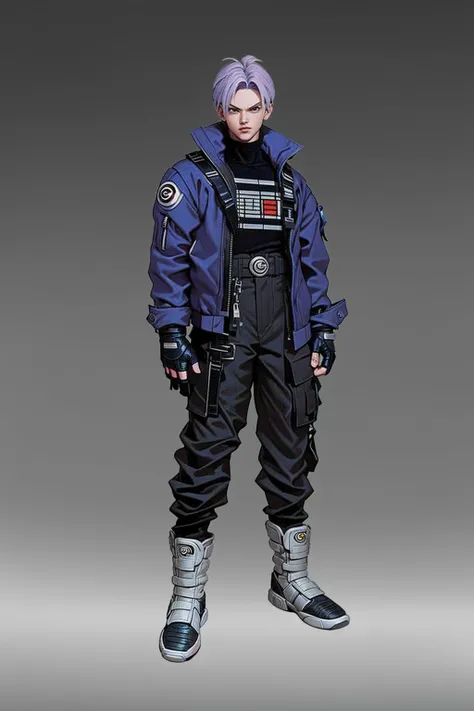 concept art, standing figure painting, 1boy, (Dragon Ball), male focus, solo, jacket, gray background, purple hair, black shirt, gloves, pants, full body, standing, fingerless gloves, shirt, belt, white footwear, black gloves, yoke, black pants, gradient, shut up, looking at the audience, simple background, gradient background, arm at side, shoes, blue jacket, long sleeves, boots,<lora:erciyuan:0.8>,