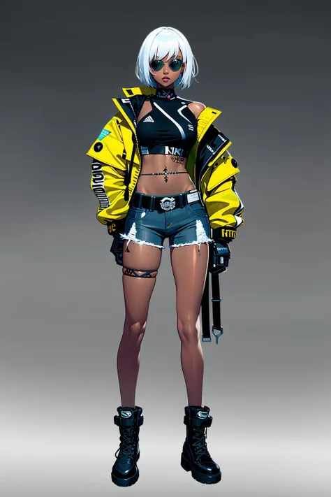 Concept art, standing figure painting, 1girl, solo, dark skin, jacket, dark-skinned female, shorts, boots, tattoo, denim, navel, breasts, full body, gloves, sunglasses, denim shorts, white hair, short hair, gradient, gradient background, looking at viewer, grey background, hand on hip, belt, black footwear, jewelry, standing<lora:erciyuan:0.8>,