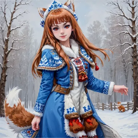 dancing Snegurochka wearing kokoshnik and (slavic:1.2) (winter blue white :0.8) coat <lora:Kokoshnik:0.8>, (ginger animal ears:1), red brown eyes, (spicy tail:0.8), (full body shot:1.3), highly detailed, oil painting, SWHolo <lora:SWHolo:1.0> snowy