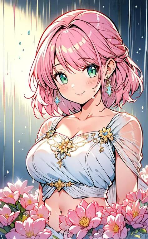 woman in the 1990's, her expression a mix of excitement and curiosity, ((masterpiece)), (((best quality))), ((ultra-detailed)), ((illustration)), (detailed light:1.21), realism light effect, 1girl, solo,Flax hair, short pink hair,(beautiful_detailed_hair),green eyes, (beautiful_detailed_eyes), upper body, navel, flower, wet, medium breasts, rain, blush, smile, collarbone, looking at viewer,partially submerged, shining earrings,