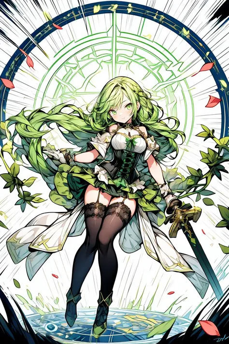 (masterpiece, best quality), 1girl, green hair, ivy hair, green eyes, flying petals, thunder blade, green magic circle, green corset, black thighhighs, sidelighting, light particles, abstract, <lora:add_detail:1>