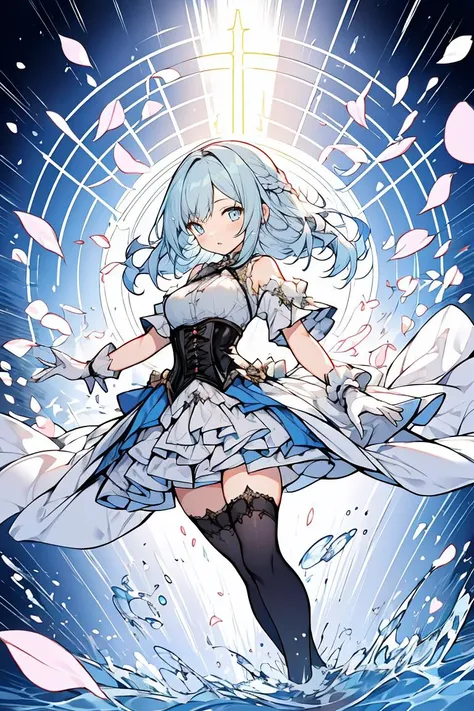 (masterpiece, best quality), 1girl, light blue hair, water hair, light blue eyes, flying petals, water blade, light blue water magic circle, light blue corset, black thighhighs, sidelighting, light particles, abstract,
