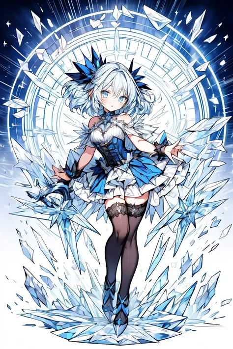 (masterpiece, best quality), 1girl, blue hair, ice hair, blue eyes, ice shards, hands crystal ice, ice blade, blue magic circle, blue corset, black thighhighs, sidelighting, light particles, abstract, <lora:add_detail:1>