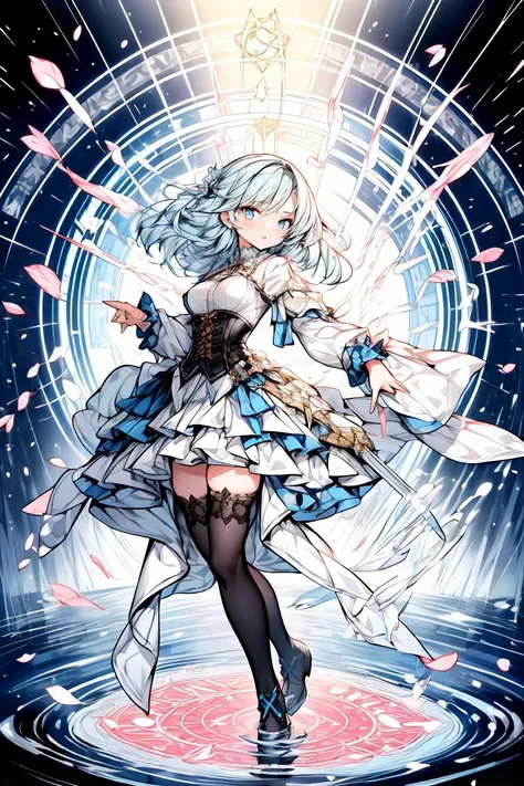 (masterpiece, best quality), 1girl, light blue hair, water hair, light blue eyes, flying petals, water blade, light blue water magic circle, light blue corset, black thighhighs, sidelighting, light particles, abstract, <lora:add_detail:1>