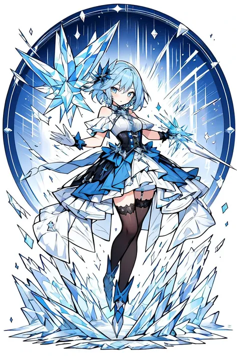 (masterpiece, best quality), 1girl, blue hair, ice hair, blue eyes, ice shards, hands crystal ice, ice blade, blue magic circle, blue corset, black thighhighs, sidelighting, light particles, abstract,