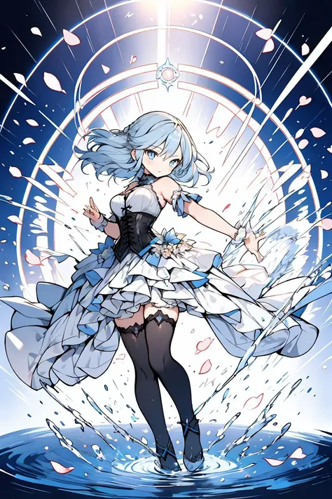 (masterpiece, best quality), 1girl, light blue hair, water hair, light blue eyes, flying petals, water blade, light blue water magic circle, light blue corset, black thighhighs, sidelighting, light particles, abstract,